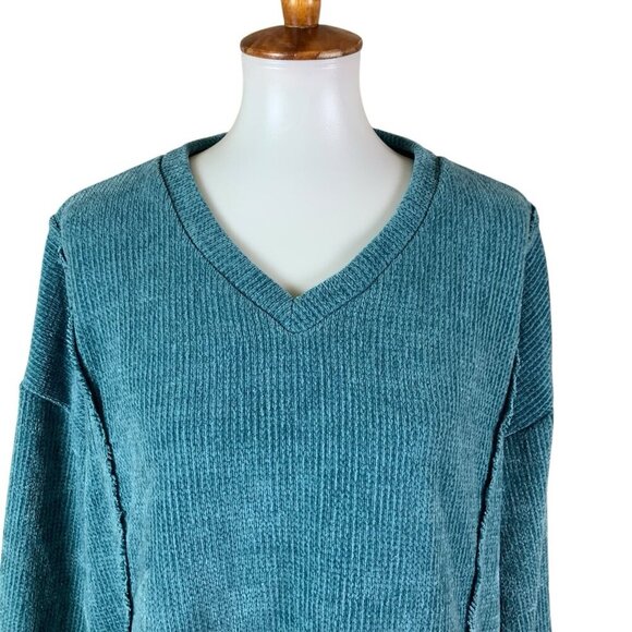 Easel Teal Chenille V Neck Pullover Sweater Slouchy Fit Large Cozy Soft - Picture 2 of 6